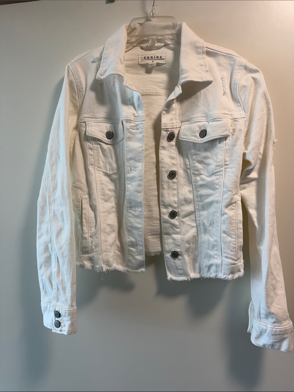 eunina White Cropped Distressed Denim Jacket
